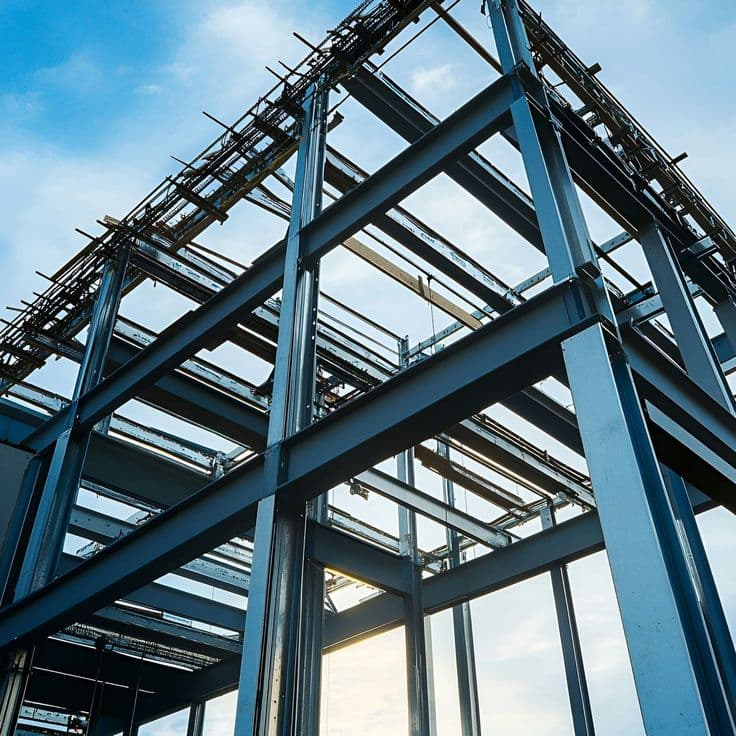 Structural steel portal frames erected against the sky