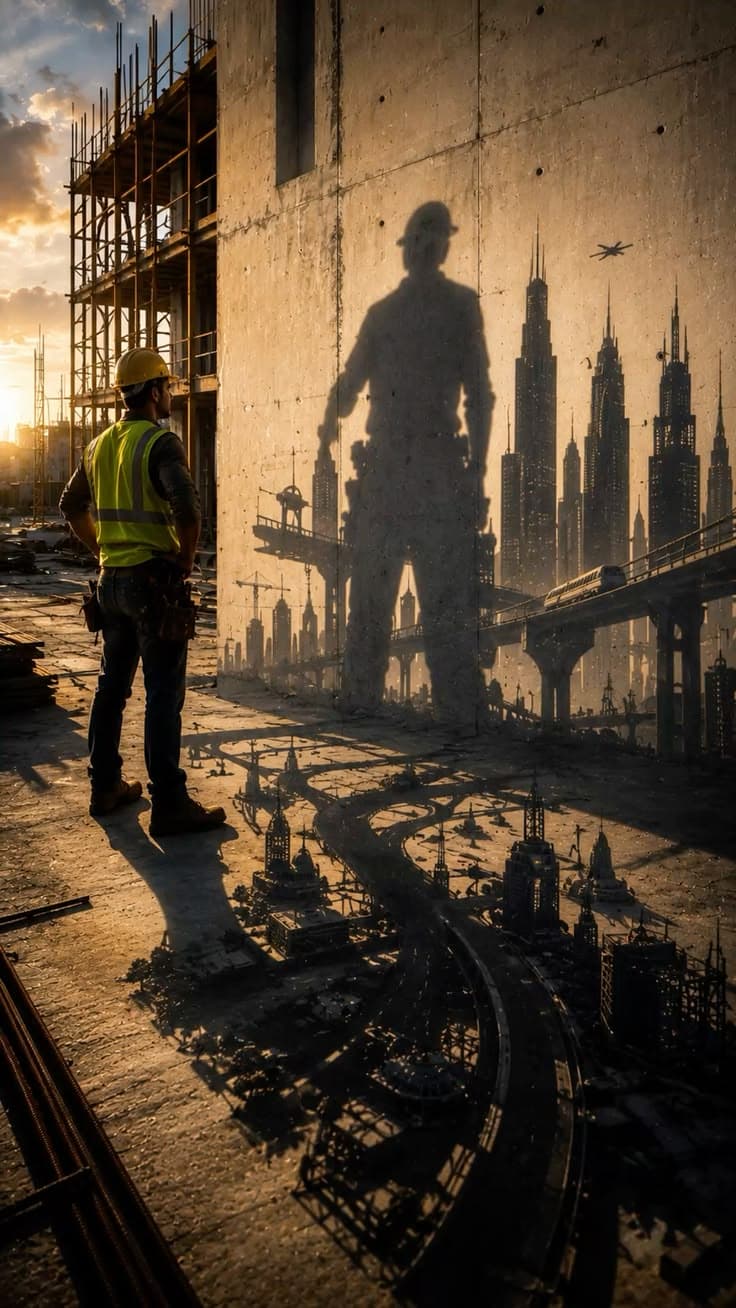 Site engineer on an industrial construction site at dusk