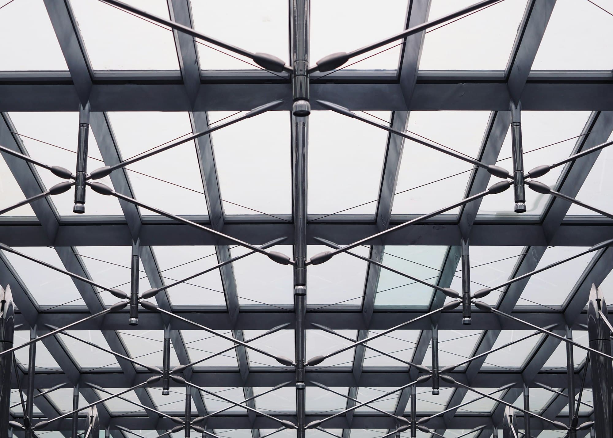Structural roof framing viewed from below